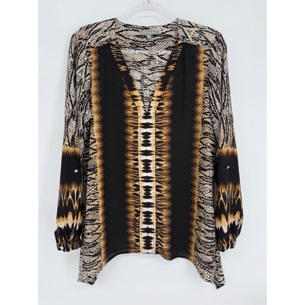 NY Collection Women Animal Print V-Neck Sharkbite Hem Blouse Black Tan Sz L